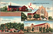 Cartão postal Texas Pampa City of Beautiful Churches linho multivisualização 1950 S48 comprar usado  Enviando para Brazil