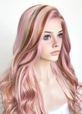 Peruca frontal de renda sintética premium cabelo longo ondulado misto marrom loiro rosa presente comprar usado  Enviando para Brazil