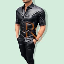 Camisa masculina de couro preta – Estilo fecho de botão | Couro de cordeiro genuíno macio comprar usado  Enviando para Brazil