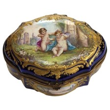 Antiga caixa de cômoda de porcelana cênica Sevres dourada e azul real com querubins C1880, usado comprar usado  Enviando para Brazil