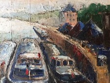 Francês antigo - Pintura em tela a óleo - Barcaça Houseboat The Seine em Paris comprar usado  Enviando para Brazil