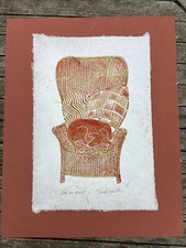 arte rara original linocut cão na cadeira original pela falecida artista Janet Stowell comprar usado  Enviando para Brazil