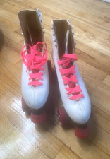 Patins quadriciclos femininos vintage Bauer tamanho 8 branco vermelho Canadá + cadarços extras comprar usado  Enviando para Brazil