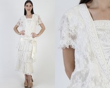 Usado, Antigo Vestido Vitoriano Gunne Sax Cintura Gota Deco Flapper Renda Branca Vestido de Formatura Anos 80 comprar usado  Enviando para Brazil