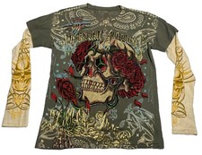 Camiseta masculina manga dupla Christian Audigier pequena caveira rosas joias comprar usado  Enviando para Brazil