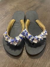 Chinelos Havaianas pretos femininos tamanho 9 personalizados com conchas sandálias de praia, usado comprar usado  Enviando para Brazil