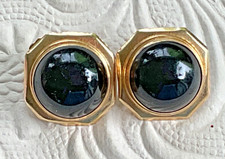 Brincos retrô de ouro amarelo 14k redondos cabochão ônix preto natural com botão comprar usado  Enviando para Brazil