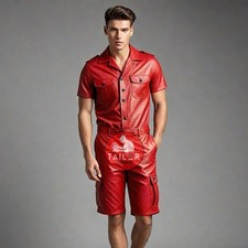 VESTIDO MACACÃO CURTO MASCULINO COURO REAL VERMELHO BOTÃO DE PRESSÃO BOLSOS CARGO comprar usado  Enviando para Brazil