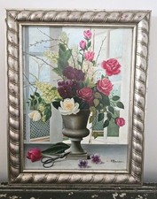 Linda pintura floral vintage original 1977 óleo a bordo emoldurada rosa Branson comprar usado  Enviando para Brazil