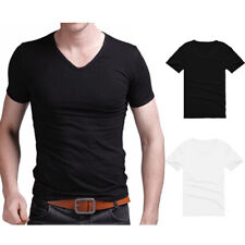 Camiseta de verano para hombre ajustada manga corta cuello en V camiseta muscular gimnasio top playa lisa segunda mano  Embacar hacia Mexico