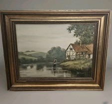 Pintura a óleo de paisagem de um pescador pela fazenda e rio por Robert Ixer assinada, usado comprar usado  Enviando para Brazil