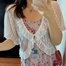 Cardigã Feminino Renda Transparente Bolero Encolher Jaqueta Floral Botão Babado Top Solto Novo comprar usado  Enviando para Brazil