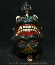 Pintura tibetana antiga de bronze tibetana 5,2" tampa de cabeça de caveira caixa suporte de adaga Phurba, usado comprar usado  Enviando para Brazil