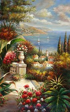 Arte pintura a óleo bela paisagem do mar mediterrâneo no verão e flores arte comprar usado  Enviando para Brazil