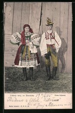 Lidovy kroj ze slovácka, okres Kyjovsky, para słowacka, pocztówka 1905 , używany na sprzedaż  Wysyłka do Poland