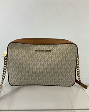 Bolsa tiracolo Michael Kors bege logotipo revestido de lona couro marrom com zíper comprar usado  Enviando para Brazil