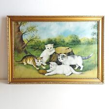 Pintura a óleo vintage de gatos fofos arte ingênua meados do século cca década de 1960 comprar usado  Enviando para Brazil