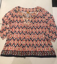 Blusa Ruby Rd tamanho 1X laranja azul em forma de diamante lantejoulas mangas 3/4 4746, usado comprar usado  Enviando para Brazil
