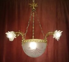 lustre antigo grande 4 chamas latão cetim fino pedal rosa vidro c. 1900 comprar usado  Enviando para Brazil