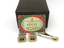 Gucci Dorado Tono Plata Metal Negro Esmalte GG Logo Gemelos Corbata Clip Set segunda mano  Embacar hacia Argentina