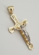 Pingente cruz religiosa 14k real dois tons ouro-amarelo e branco-crucifixo de Jesus, usado comprar usado  Enviando para Brazil