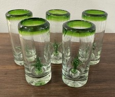(4) Copo de tequila mexicano soprado à mão com borda verde e planta de agave dentro comprar usado  Enviando para Brazil