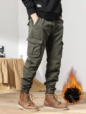 Calça cargo inverno vários bolsos masculina forro de lã grossa quente slim fit joggers, usado comprar usado  Enviando para Brazil