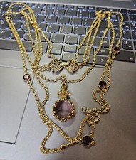 Colar corrente vintage Goldette Goldtone 3 fios vidro roxo camafeu mulher Intaglio comprar usado  Enviando para Brazil