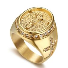 Anel masculino folheado a ouro amarelo aço inoxidável strass Jesus pulseira cruzada #8-13 comprar usado  Enviando para Brazil