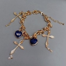 Pulseira de corrente folheada a ouro 8" lápis azul crucifixo em forma de coração Cz Pavê comprar usado  Enviando para Brazil