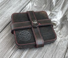 Juego de 4 posavasos de cuero hechos a mano con correa de almacenamiento - Regalo bombero - 4" segunda mano  Embacar hacia Mexico