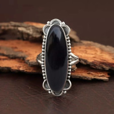Anel feminino de prata esterlina 925 feito à mão com pedra ônix preta natural R-29, usado comprar usado  Enviando para Brazil