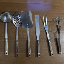Usado, Conjunto de utensílios de cozinha vintage de aço inoxidável pendurado alças de madeira dourada 6 peças comprar usado  Enviando para Brazil