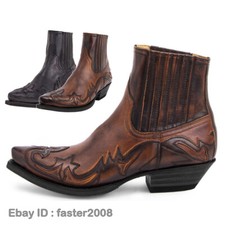 Botas de tornozelo masculinas caubói ocidental salto robusto biqueira pontuda bordado botas de couro, usado comprar usado  Enviando para Brazil