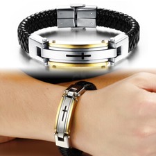 Pulseira masculina de aço inoxidável cruz preta trançada de couro bracelete comprar usado  Enviando para Brazil
