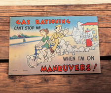 Cartão postal vintage 1943 quadrinhos da Segunda Guerra Mundial racionamento a gás manobras de bicicleta acampamento Shelby comprar usado  Enviando para Brazil