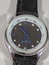 Relógio Paris Torre Eiffel redondo tom prata estojo pulseira de couro preto comprar usado  Enviando para Brazil