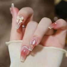 Unhas de ponta francesa prensa quadrada em unhas falsas com flores 3D bastão brilhante nas unhas comprar usado  Enviando para Brazil