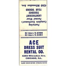 Ace Dress Suit Rental Co Chicago IL Capa Vintage Matchbook SF3-Y9 comprar usado  Enviando para Brazil