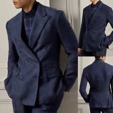 Terno Herringbone em mistura de tweed azul marinho jaqueta peito duplo inverno masculino de negócios comprar usado  Enviando para Brazil
