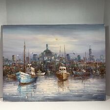 Usado, Pintura de arte original barcos de pesca porto marítimo paisagem urbana cais costeiro comprar usado  Enviando para Brazil