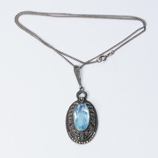 großer Art Deco Collier Blau Topas Silber Markasiten Anhänger Aquamarin 935, usado comprar usado  Enviando para Brazil
