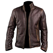 Jaqueta masculina de couro genuína marrom desgastado Cafe Racer elegante motociclista comprar usado  Enviando para Brazil