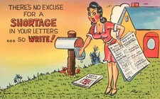 Cartão postal vintage casa de jornais Lady in the Mailbox sem desculpa para escassez comprar usado  Enviando para Brazil