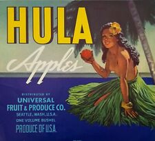 Etiqueta de caixa de frutas Hula Apples, menina havaiana de topless, saia de grama, palmeira comprar usado  Enviando para Brazil