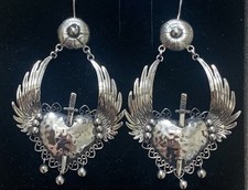 Brincos grandes mexicanos feitos à mão de prata esterlina asas de anjo coração sagrado espada, usado comprar usado  Enviando para Brazil