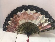 Ventilador de mão dobrável amarrado vintage navios de montanha árvores design água com borla comprar usado  Enviando para Brazil