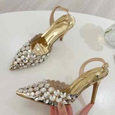 Elegante Sandália Stiletto Slingback Cristal Diamante Mulheres Bombas Sapatos de Formatura de Casamento, usado comprar usado  Enviando para Brazil