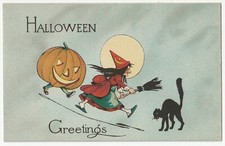 Usado, Halloween - Cartão postal antigo rosa perfeição - Jack O'Lantern, bruxa, gato preto comprar usado  Enviando para Brazil