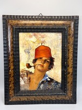 Antigua pintura al óleo sobre tabla sombrero Fez niño pipa para fumar artista 19c. firmada segunda mano  Embacar hacia Mexico
